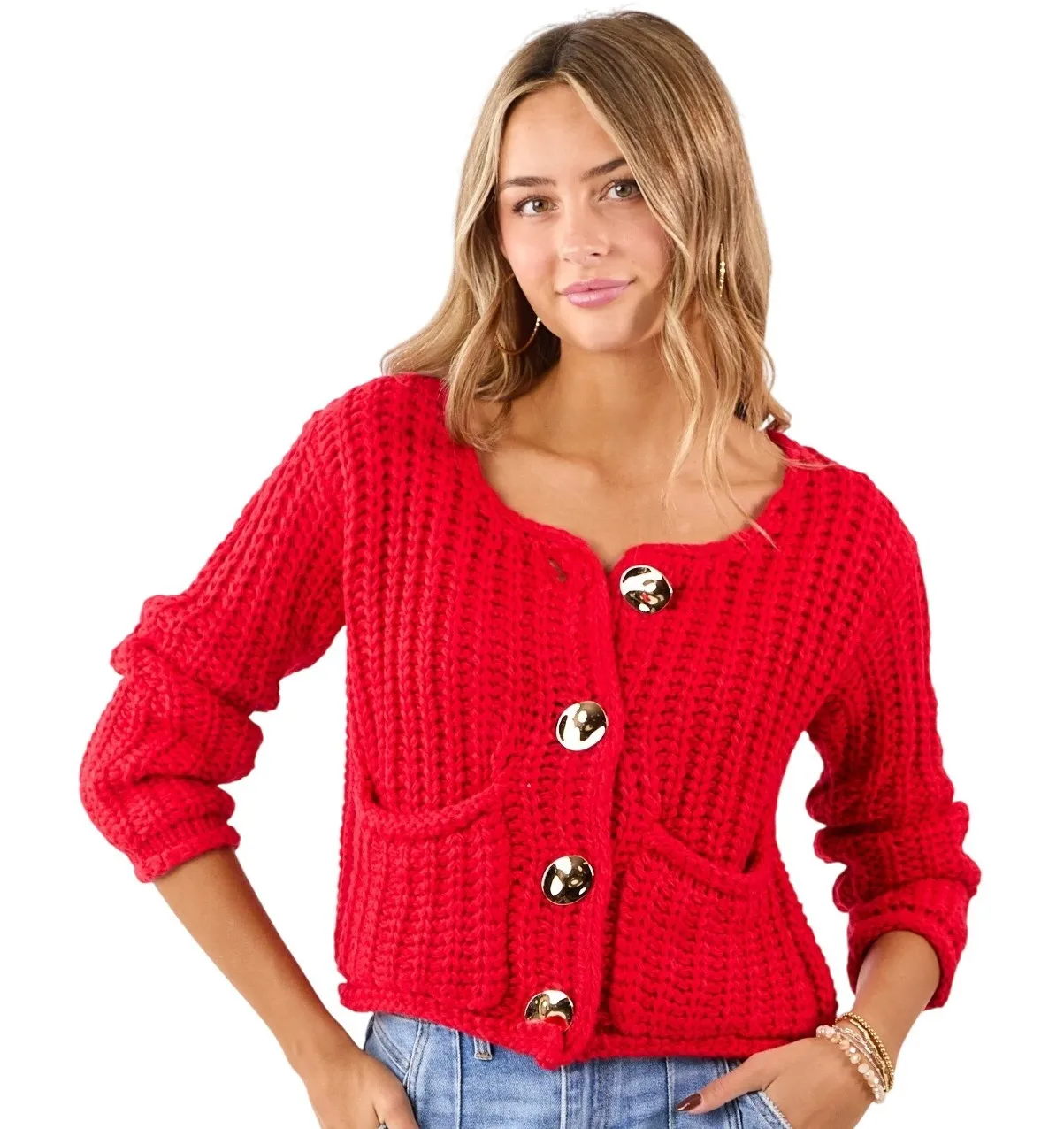 Chunky Knit Red Cropped Cardigan Gold Button Pockets Women Size M Size M - Image 1