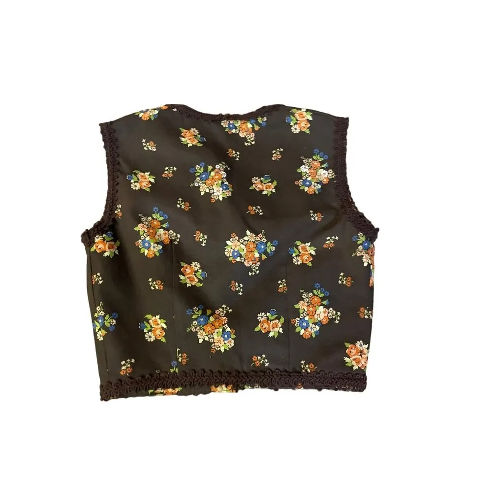 Vintage Handmade Floral 3 Piece Set Womens 4/6? Sleeveless Top Skirt Shawl Brown - Image 13