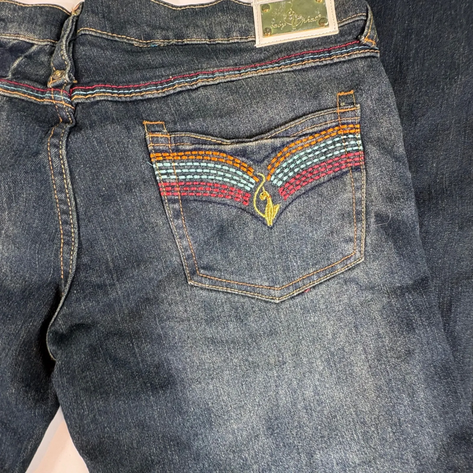 Y2K Baby Phat Jeans Size 15 Rainbow Pocket Flap Embroidered Bootcut Denim - Image 11