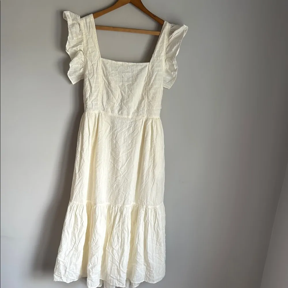 MADEWELL Textural Stripe Ruffle Strap Bow-Tie Back Tiered Midi Dress Medium - Image 2