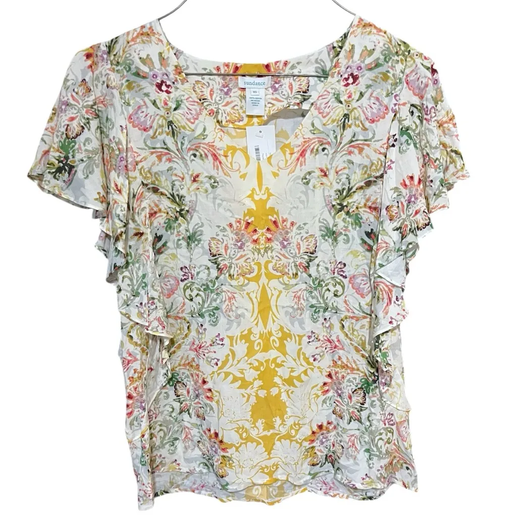 NWT Sundance Arabella V Neck Short Flutter Sleeve Abstract Floral Print Top XS Yellow - Image 2
