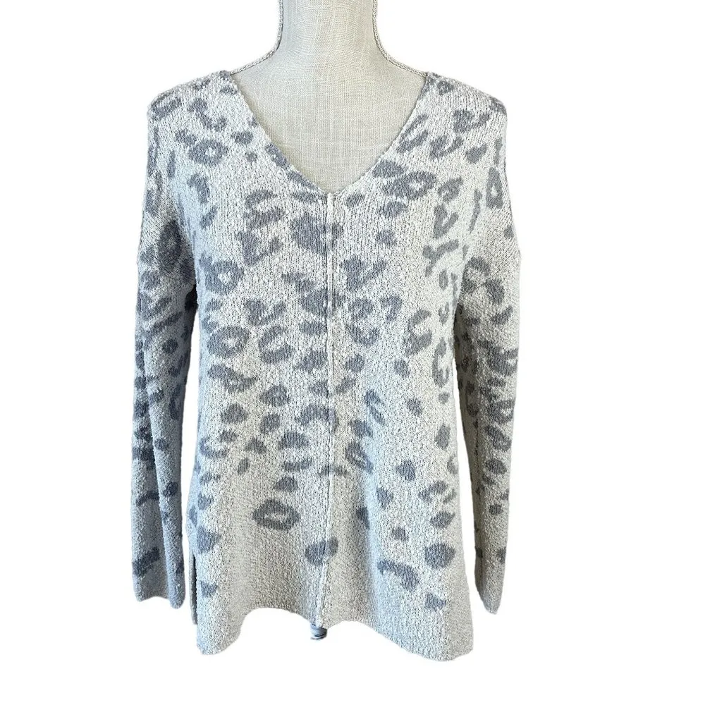 Knox Rose Leopard Print Knit Sweater Womens Size S Off White Gray V Neck Side Sp - Image 2