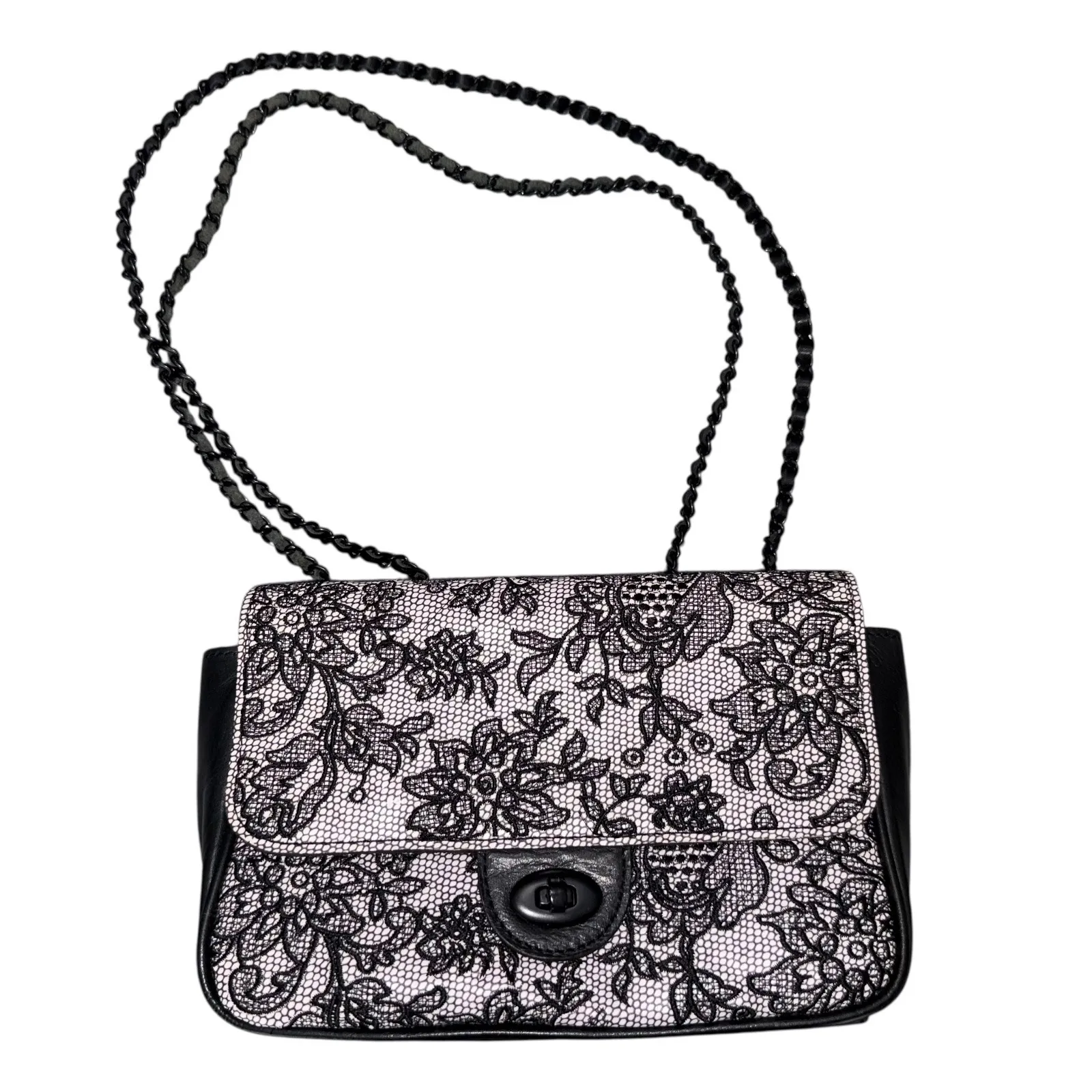 Patricia Nash Chantilly Lace Lorenza‎ Black White Leather Shoulder Bag Chain - Image 2