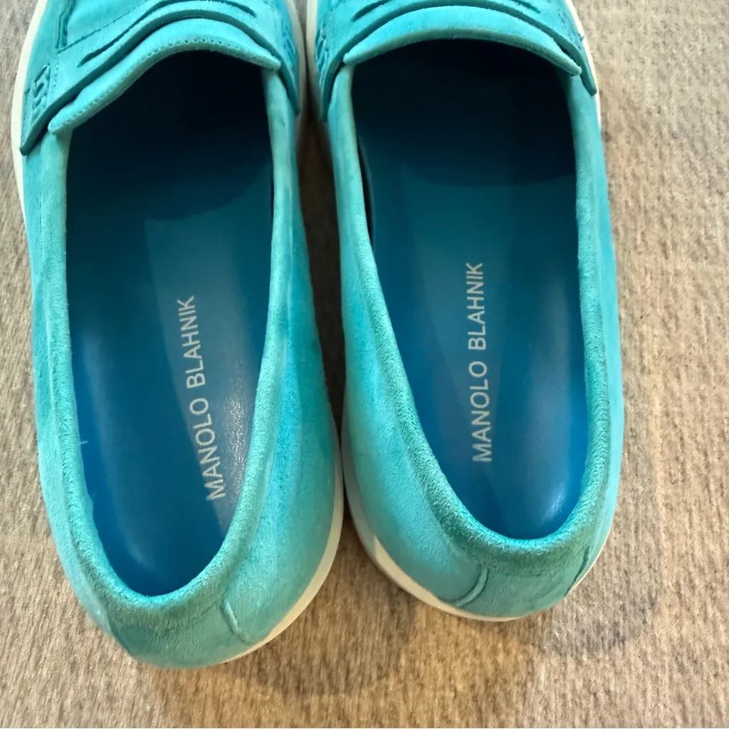 Manolo Blahnik Turquoise Suede Penny Loafers Women’s 39.5 Slip On Italy - Image 6