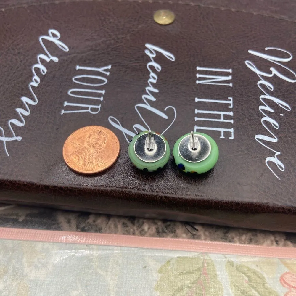 Vintage 1970 Mint Green Round Colorful Speckled Cab Boho Stainless Steel Studs - Image 8