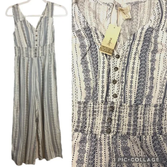NEW! JAPNA Boho Blue Gray Ivory White Floral Striped Jumpsuit Empire Waist - Image 2