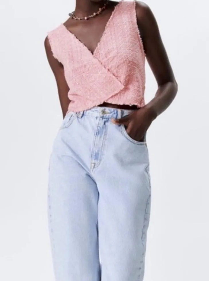 Zara Pink Tweed Top Tank Crop Cropped Fringe S - Image 3