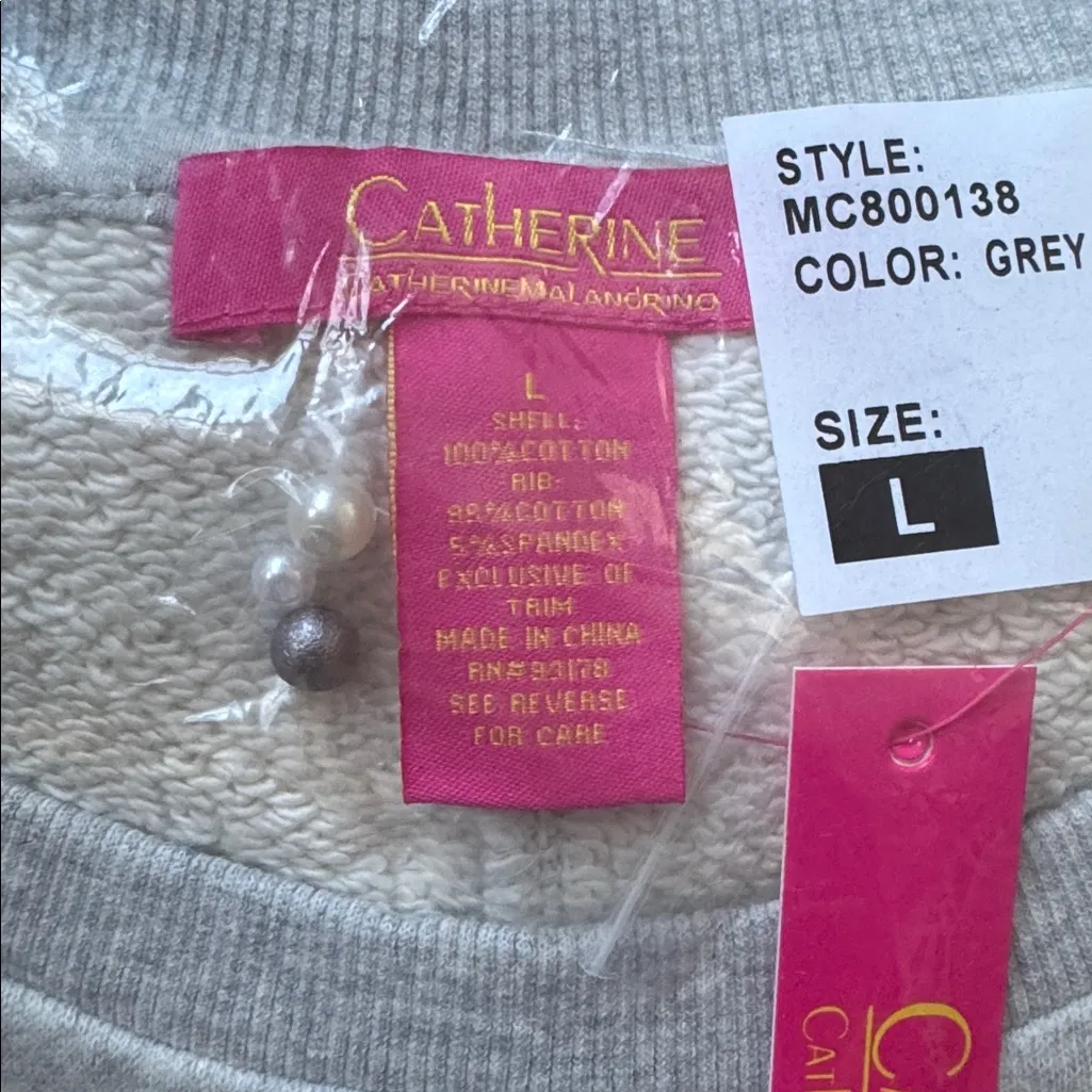 Catherine Malandrino Size L Grey Heather Pearl Studded Short Sleeve Sweatshirt - Image 6