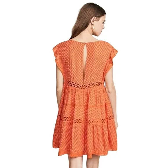 Free People Retro A-line Mini Babydoll Dress Tangerine Eyelet Size XS Oversize‎ - Image 2