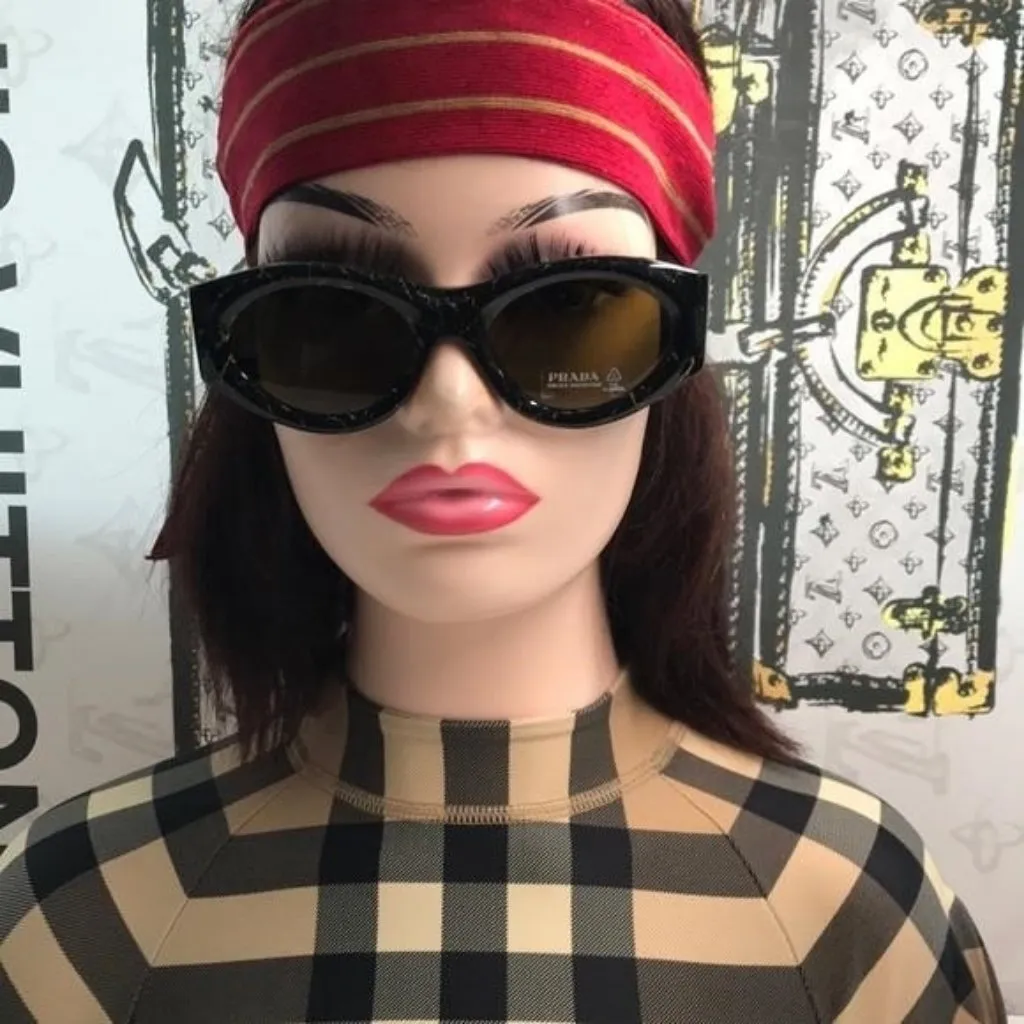 New Authentic Prada SPR 20Z Acetate Oval Symbole Sunglass– Black &Green Marbles - Image 5