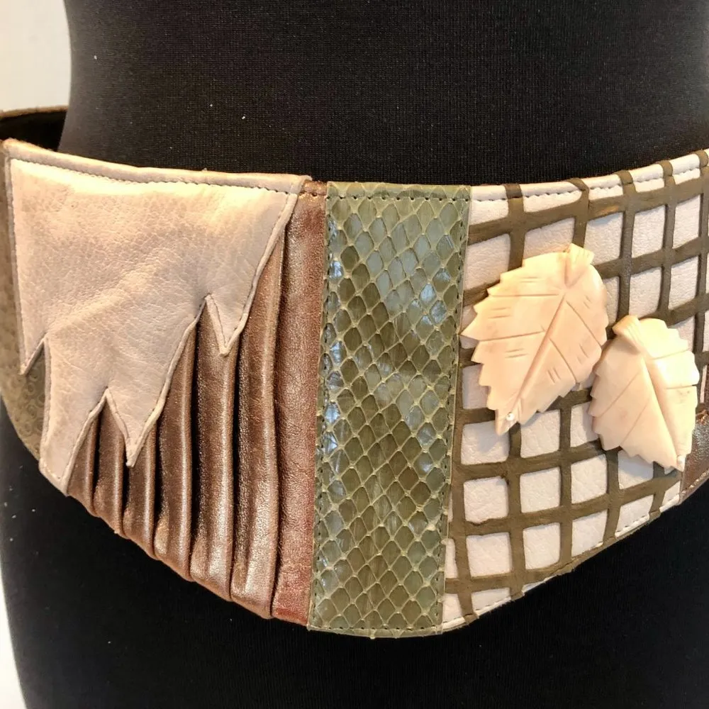 Vintage Waldorf Creations Belt Womens Leather Green Cream Ivory Wearable Art New - Image 2