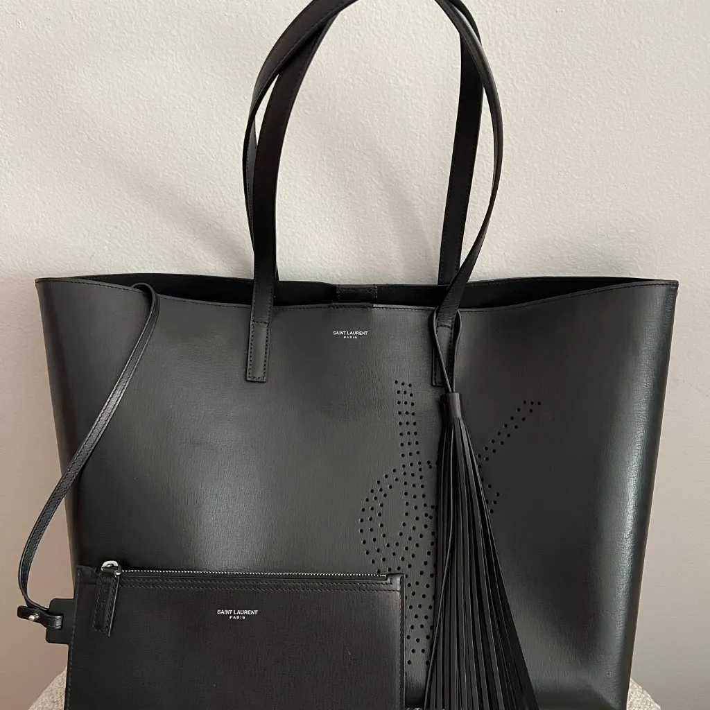 SAINT LAURENT BLACK LEATHER PERFORATED LOGO LARGE TOTE - Image 8