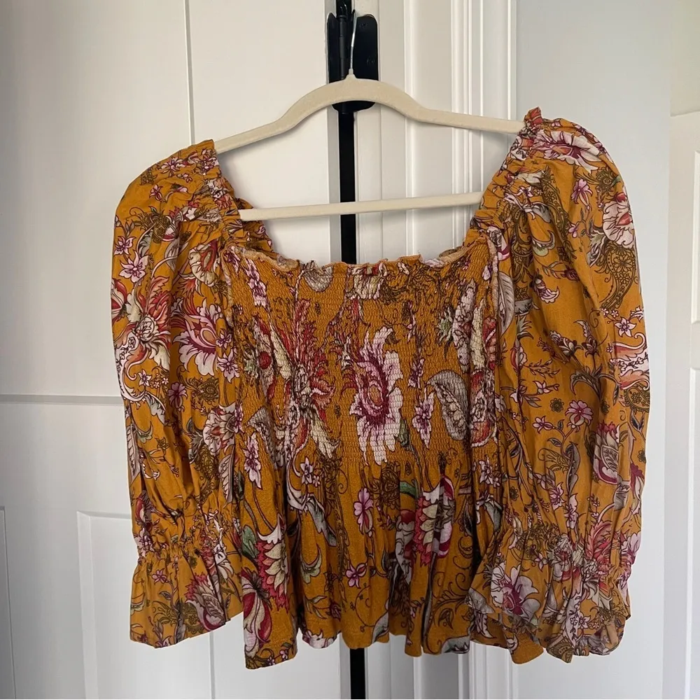 Conditions Apply Anthropologie Yellow Floral Smocked Peplum Blouse - Image 4