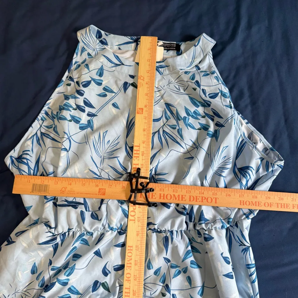 BloomChic Asymmetrical Blue Plant Print Layered Belted Pocket Halter Dress 22 - Image 8