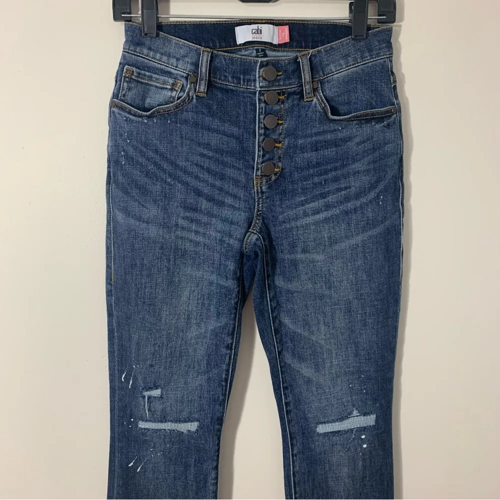 EUC Cabi Button Fly Straight Distressed Paint Splatter Jeans Style 6068 Size 2 - Image 4