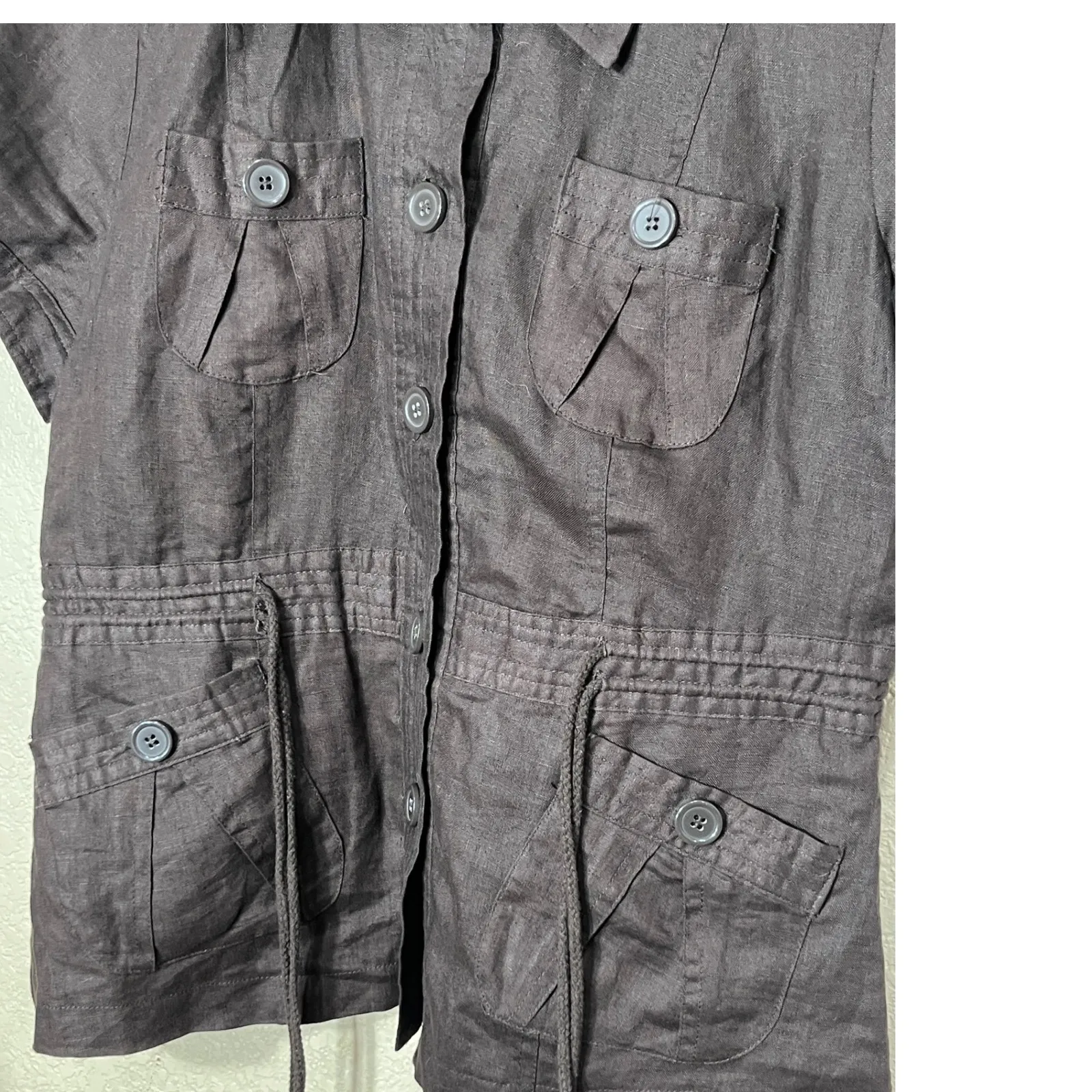 Lucy Laurel Women M Brown Linen Utility Top Button Front Drawstring Waist - Image 3