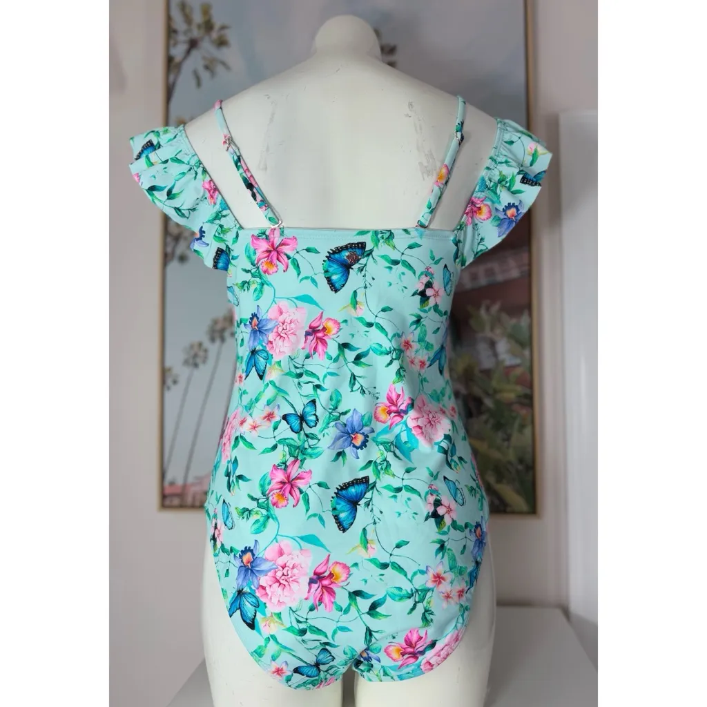 Nanette Lepore Blue Floral Butterfly Ruffle Strap One Piece Swimsuit Size 12 - Image 5