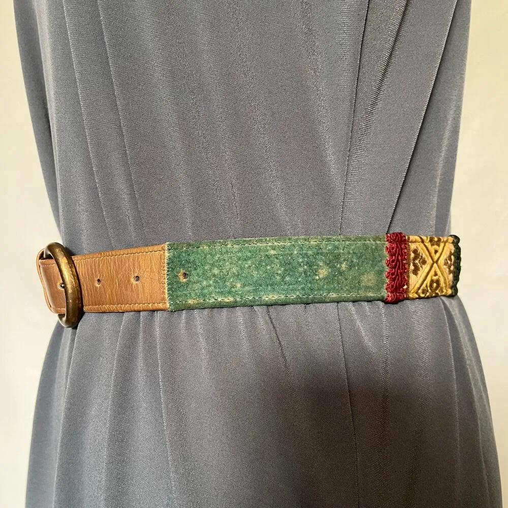 VINTAGE ALDEN HOWARD Patchwork Boho Womens Belt Sz M Burgundy Cherry Retro Green - Image 3