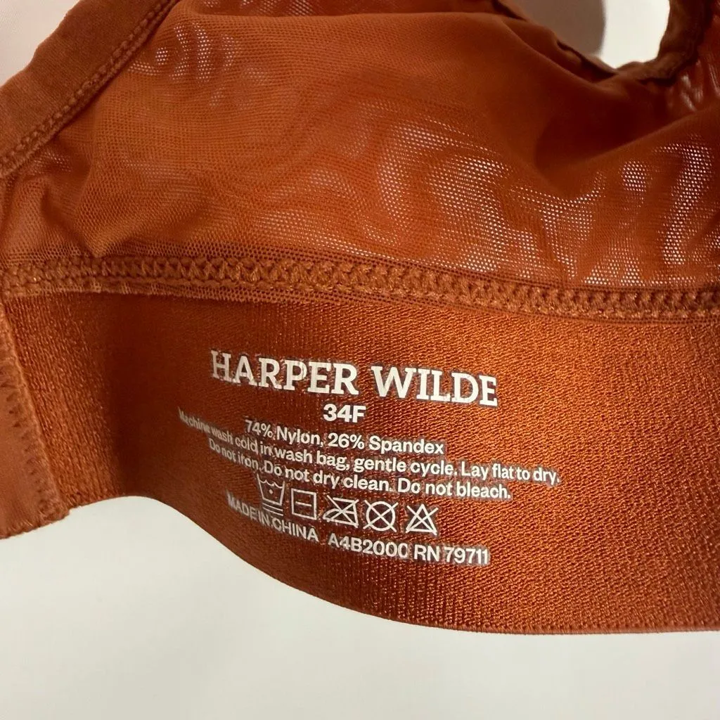 A17 Harper Wilde Comfort Mesh Plunge Bra Soft Sheer Underwire size 34F/DDD Orange - Image 3