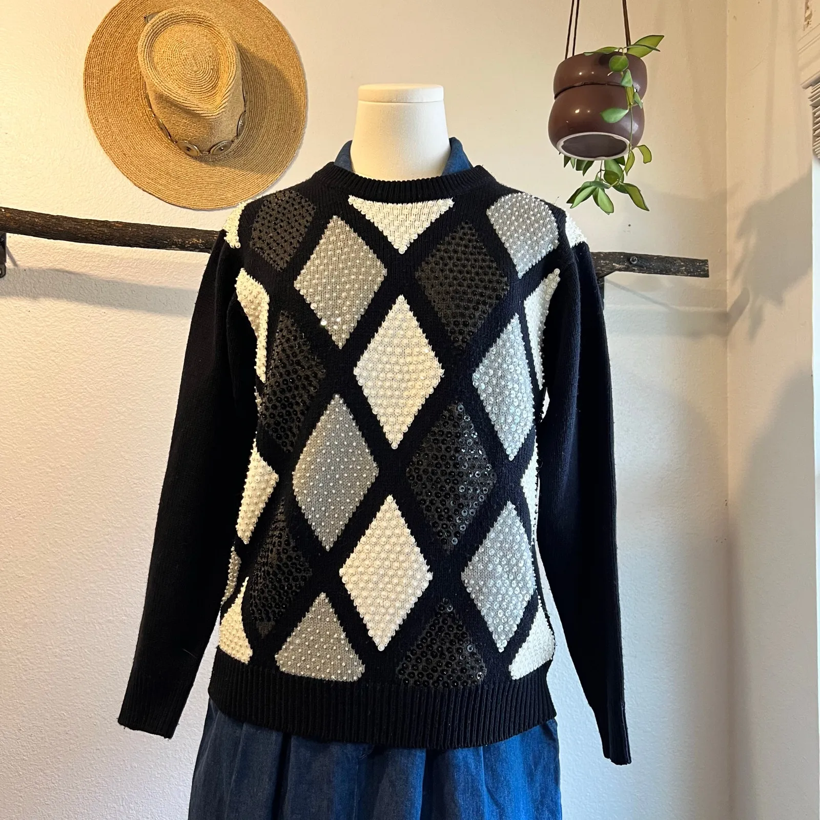 Vintage 90s Black Diamond Knit Sequin Beaded Pullover Sweater Size Medium - Image 3