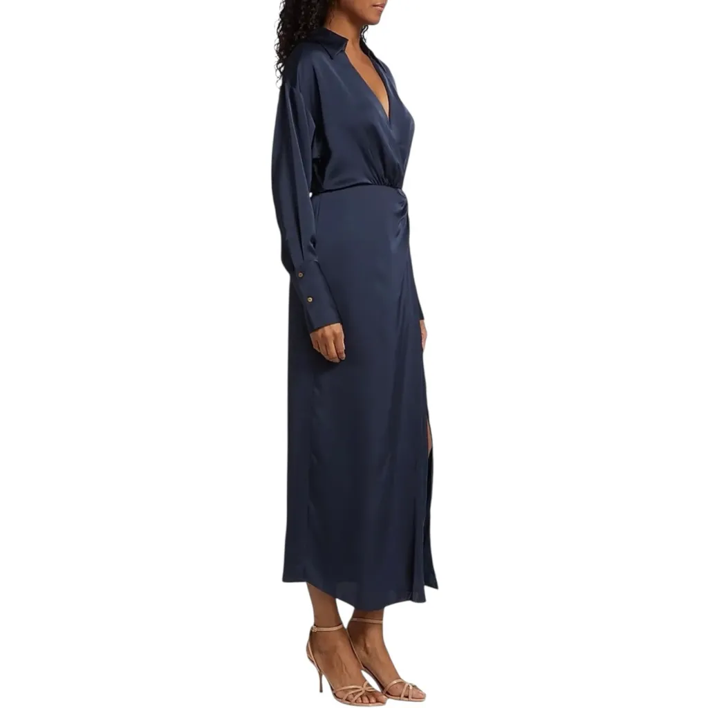 Ramy Brook Aurora Draped Navy‎ Satin Midi Shirt Dress Side Slit Long Sleeve Sz 2 - Image 2
