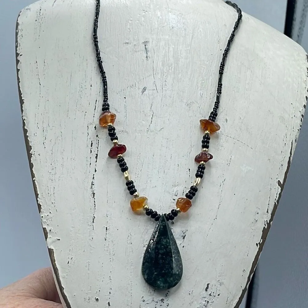 Artisan handmade large teardrop Guatemala Green Jaguar Jade raw Amber chip neckl - Image 6
