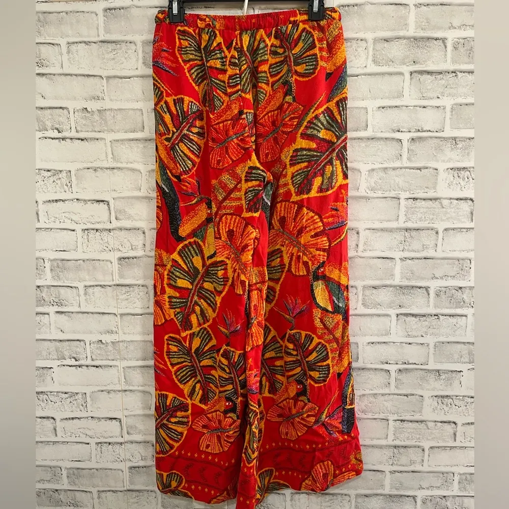 Women’s Christian Siriano BOHO rayon red tucán tropical print wide leg pants XS - Image 3