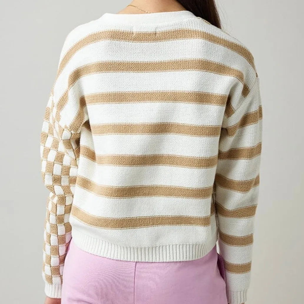 Sincerely Jules Womens Brown Cream Checkered Stripped Button Down Cardigan - Image 4