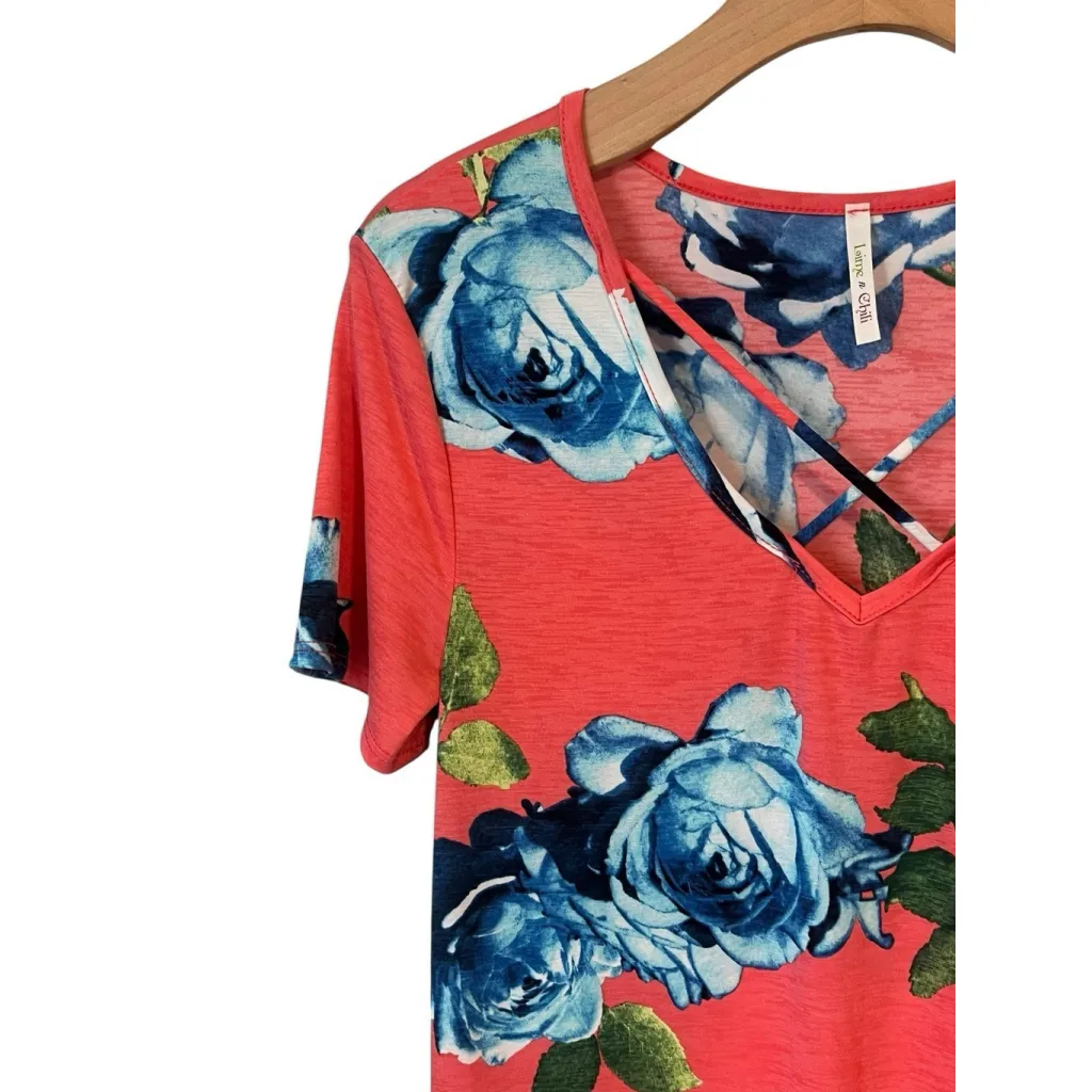 Lime & Chili Blouse Womens Medium Salmon Floral Print V Neck Short Sleeve Top Blue - Image 2