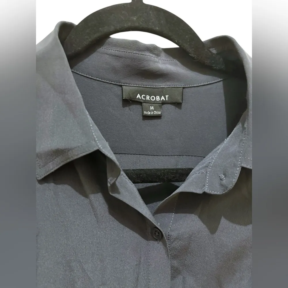 100% silk Acrobat Dusty Blue Slate Solid Minimalist Tie waist shirt dress Size M - Image 7