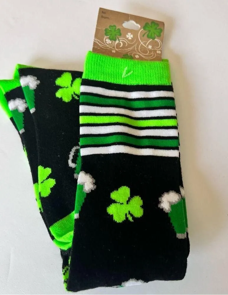 St. Patrick’s Day Clover Pattern Design Striped Knee High Socks Black - Image 4