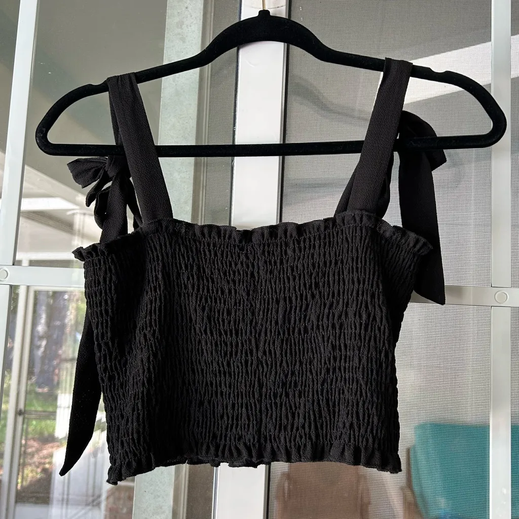 Gabriela Black Smocked Bodice Tie Strap Crop Top Size M - Image 6
