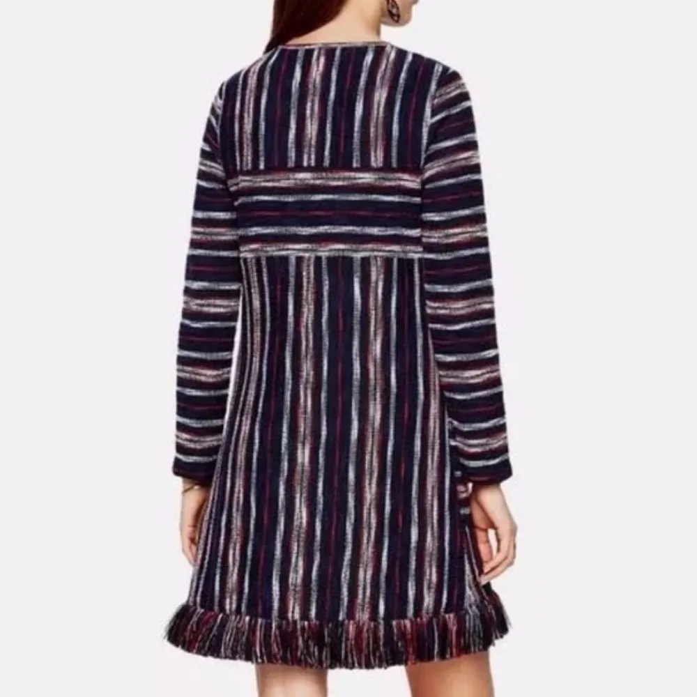 BCBG Kathy Navy Red White Striped Mini Dress Med Boucle Fringe Pockets Textured - Image 4
