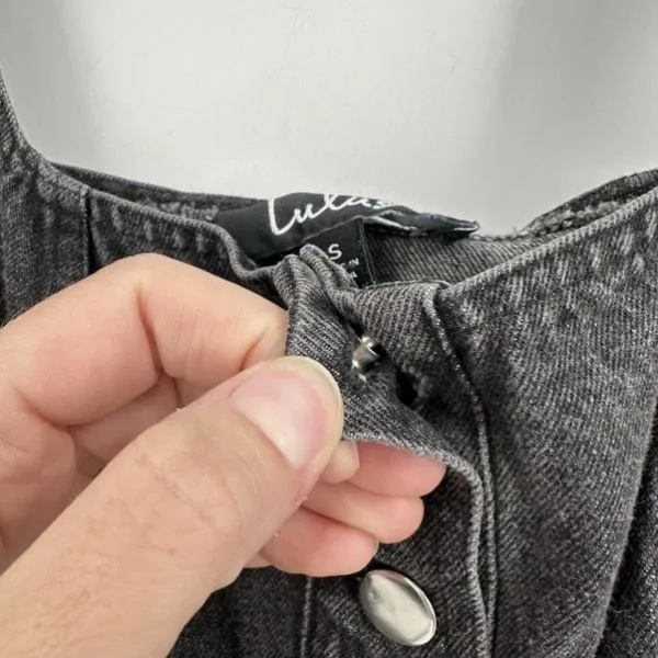 Lulus Corra Denim Mini Dress S Washed Black Button Front Jean Jumper Square Neck - Image 6