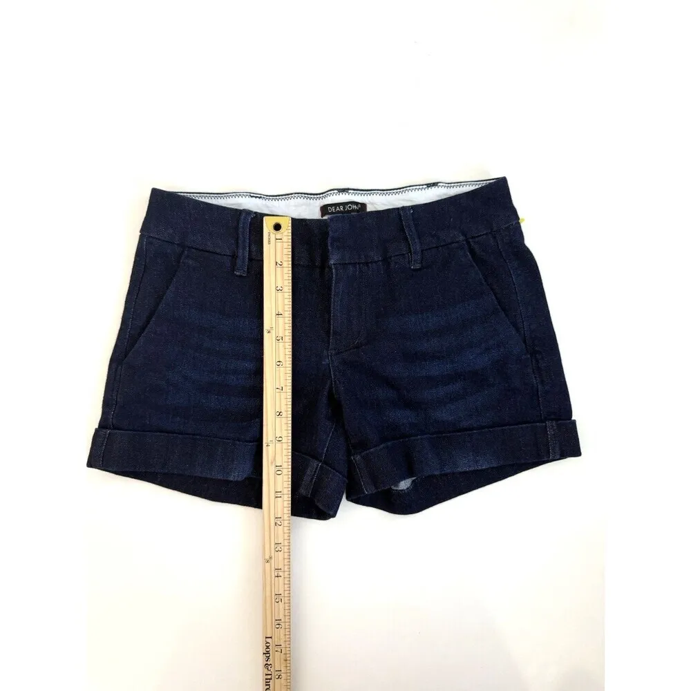 DEAR JOHN Womens 26 Denim Shorts Dark Blue Cuffed Stretch Classic Casual - Image 3