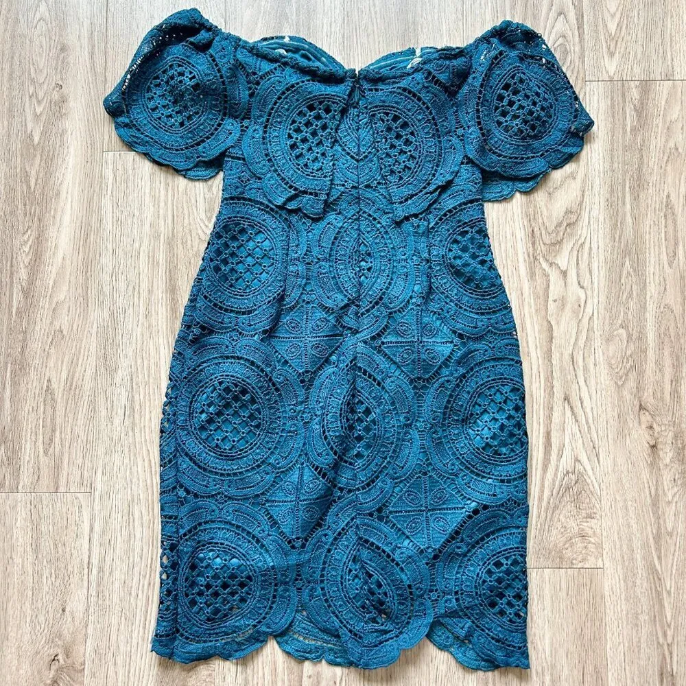 Lulu's Bellissimo Teal Blue Lace Off-the-Shoulder Bodycon Dress Size M - Image 9