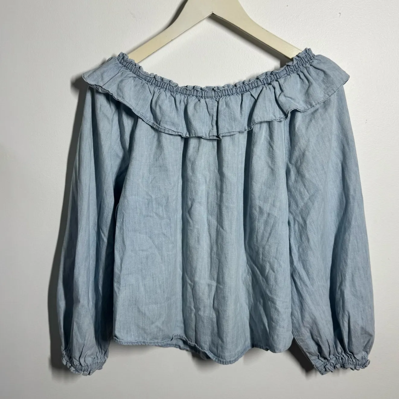 Free People Top Women XS Blue Lilly of The Valley Ruffle Neck Denim Chambray - Image 2