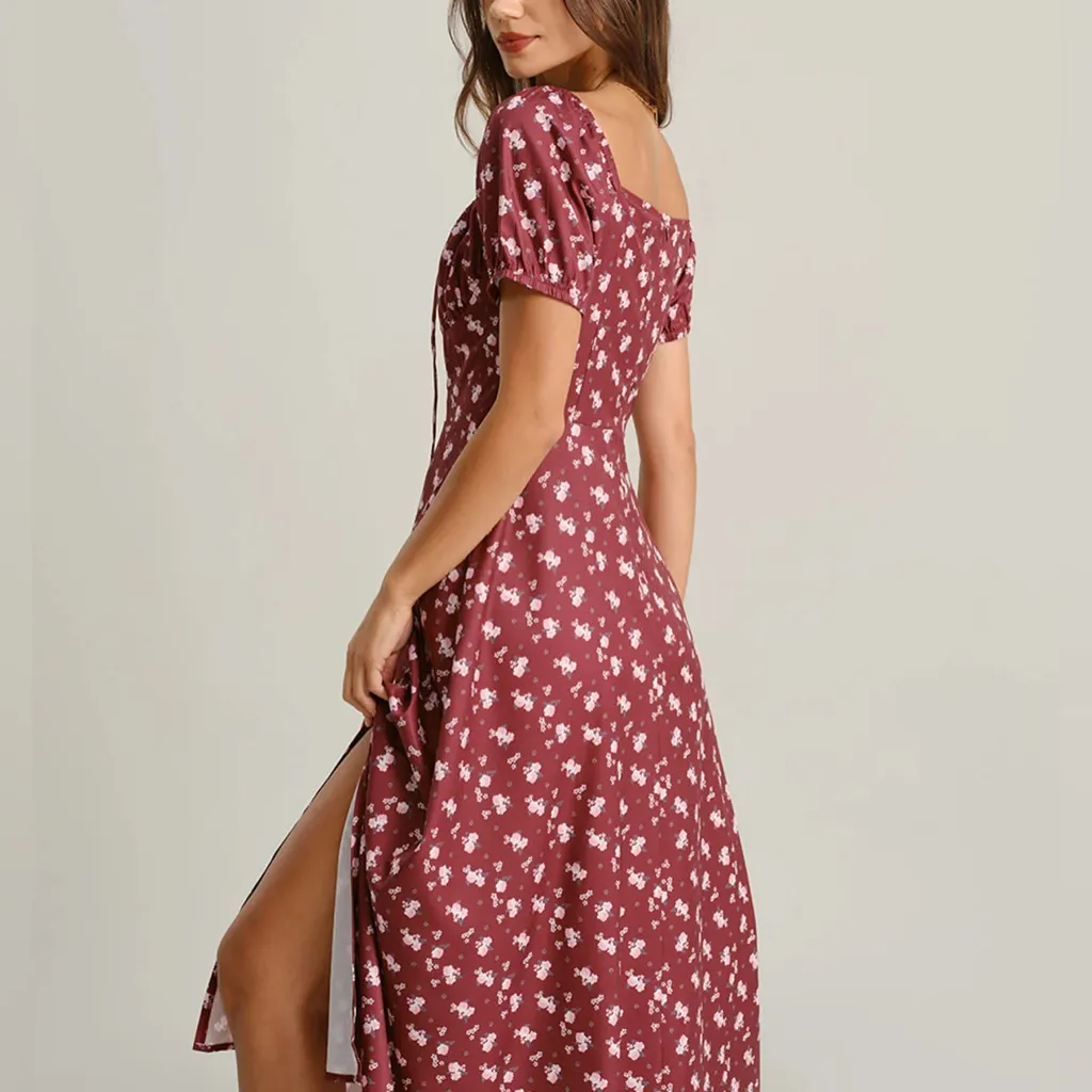 Rihoas Wine Red Floral Square Neck Puffed Sleeve Midi Dress - Image 2