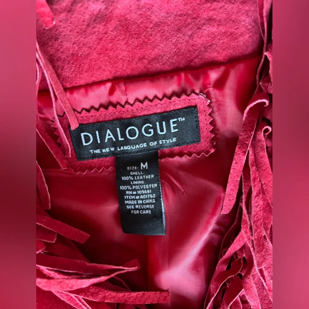 RARE DIALOGUE Washable Leather Fully Lined Jacket w/ Fringe RED sz Medium - Image 2