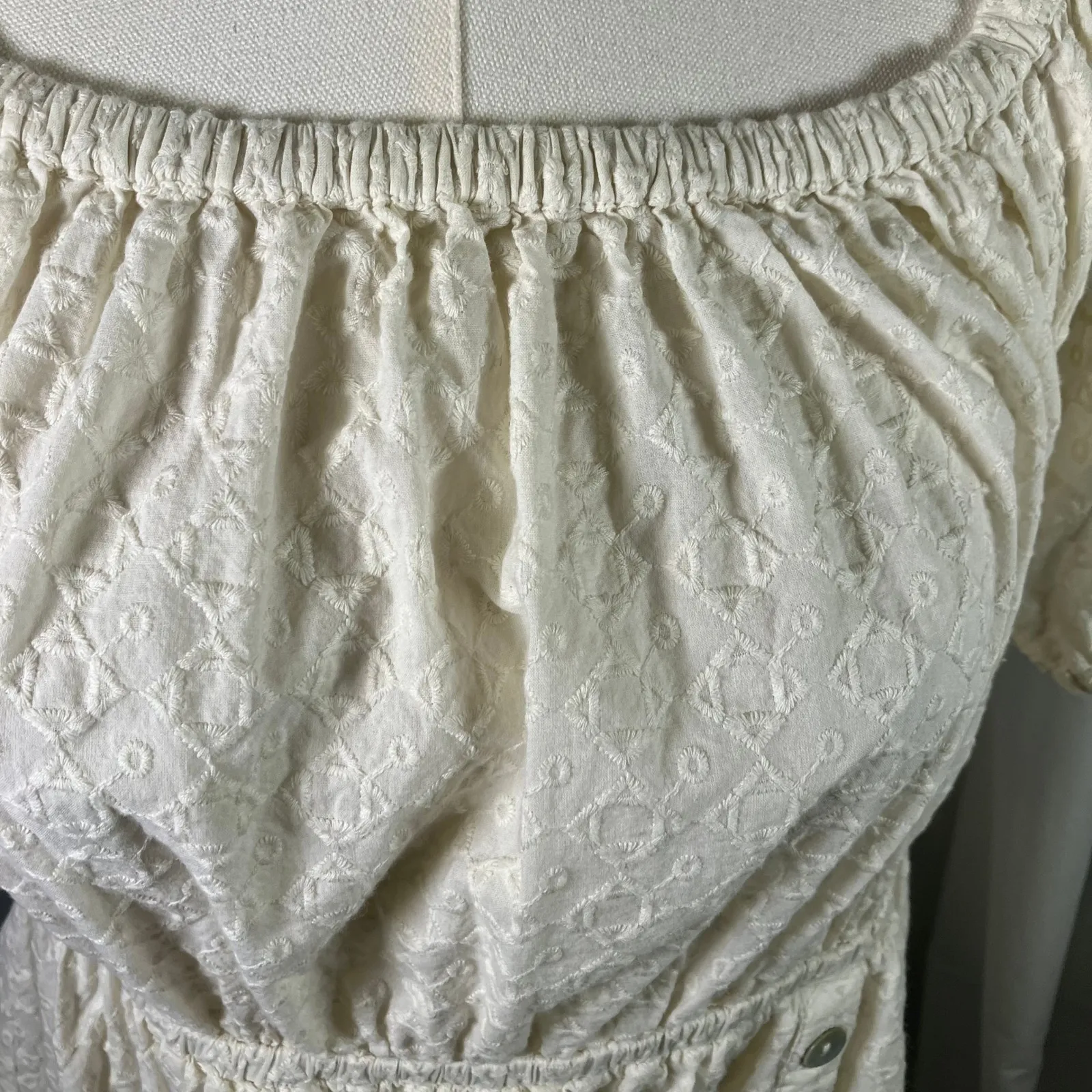 Shyanne Women's Dress‎ Ivory Floral Eyelet Short Sleeve Tiered Button Bohemian M - Image 3