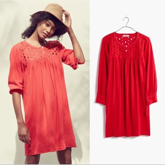 Madewell • Daybreak eyelet dress linen shift mini peasant boho Tropical Coral - Image 2
