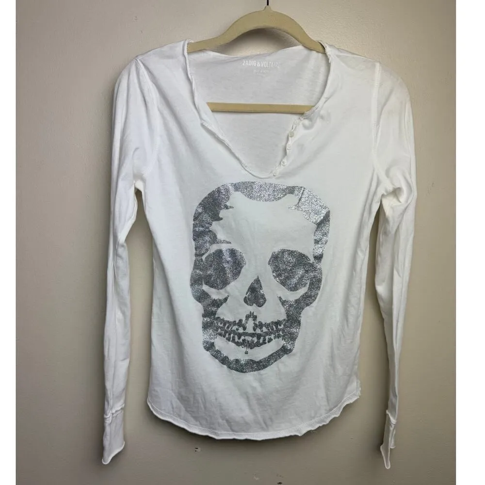 Zadig & Voltaire Tunisien Silver Glitter Skull Long Sleeve Tee Sz. S - Image 6