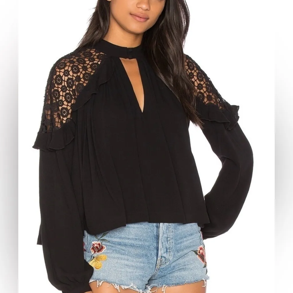 Free People Little Bit Of Love Crochet Lace Ruffle Keyhole‎ Blouse Black Size XS - Image 3