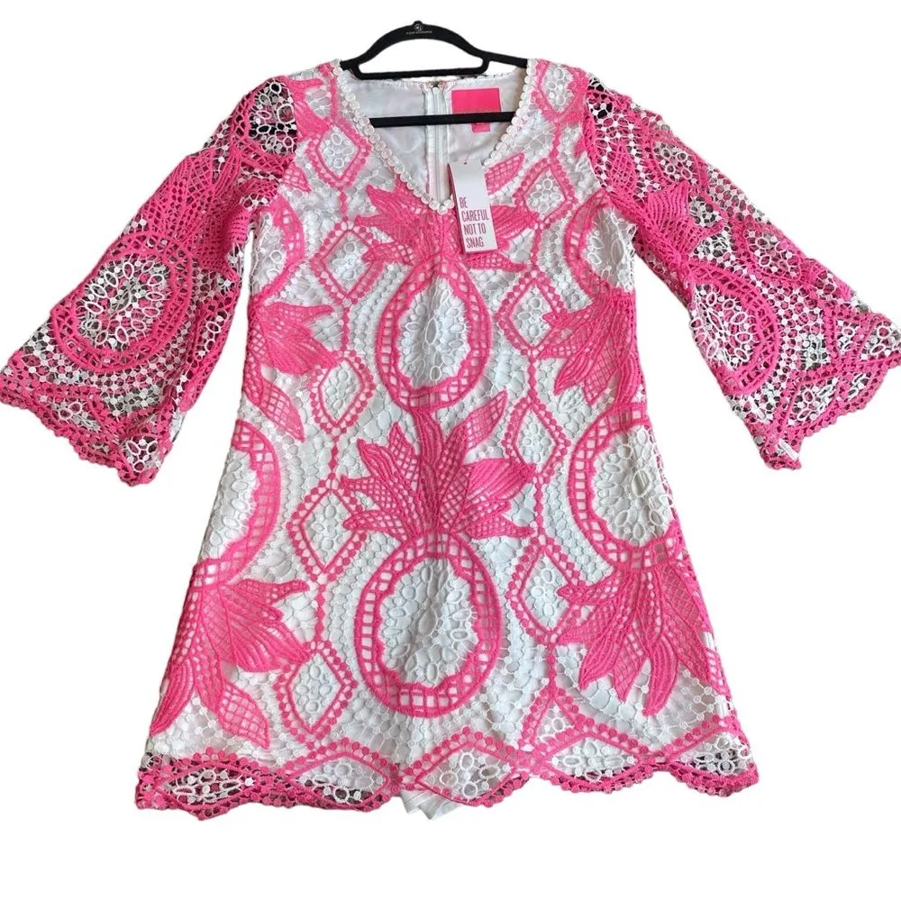Lilly‎ Pulitzer Size 4 Lottie Romper Juice Stand Crochet Pink Tropics Preppy New - Image 6