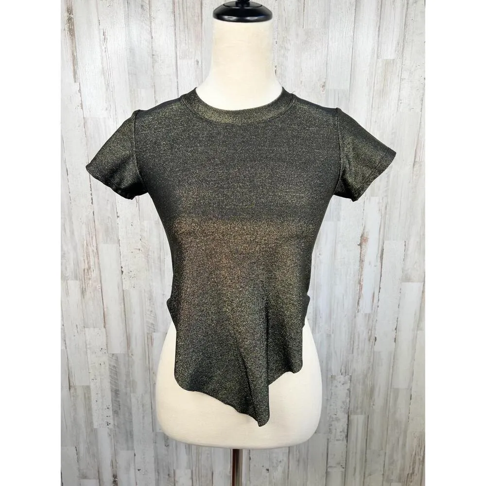 VYB Metallic Asymmetrical Hem Top Short Sleeves Swim Cover Crop SM Black - Image 5