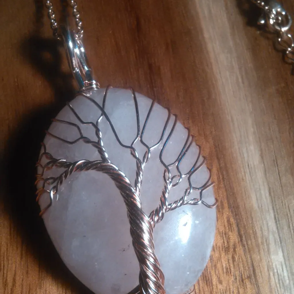 Rose Quartz Tree of Life Brass Pendant Stainless Steel Necklace - Image 2