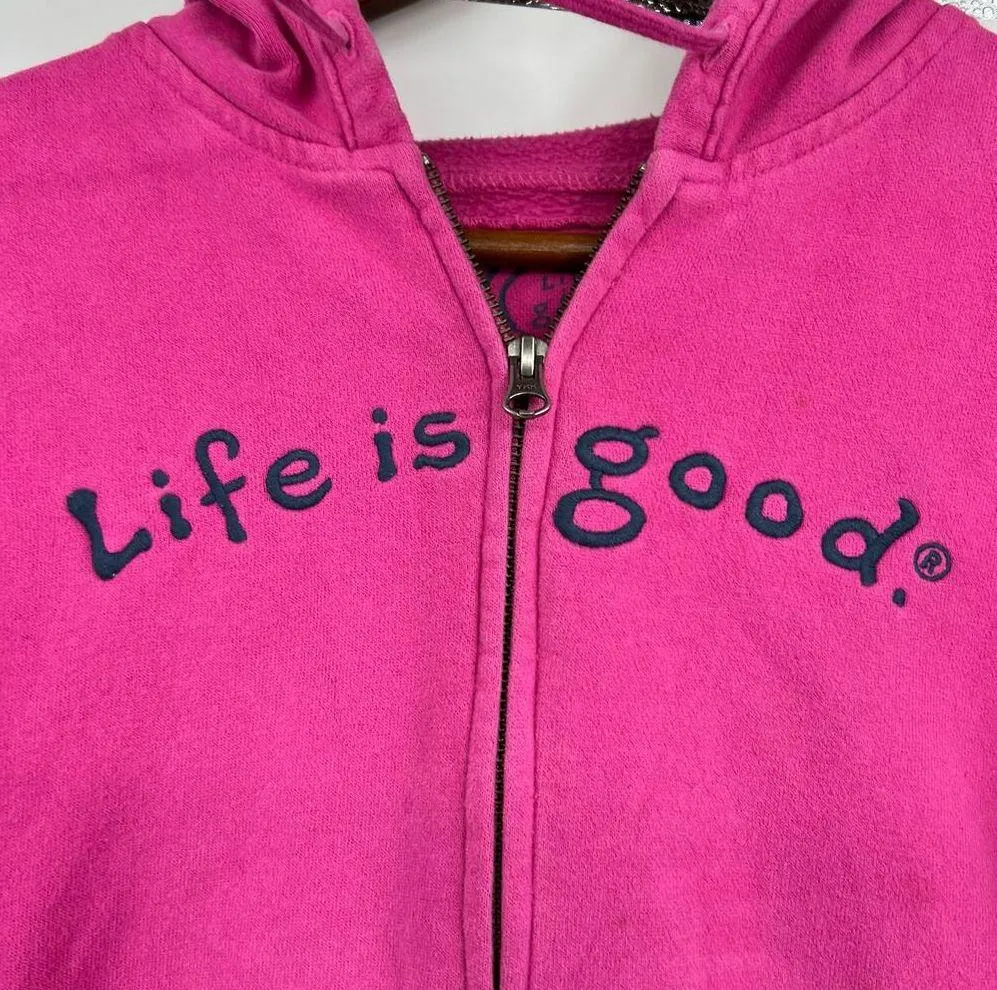 Life is Good spell out bright pink zip up y2k hoodie pockets women's size small - Image 4