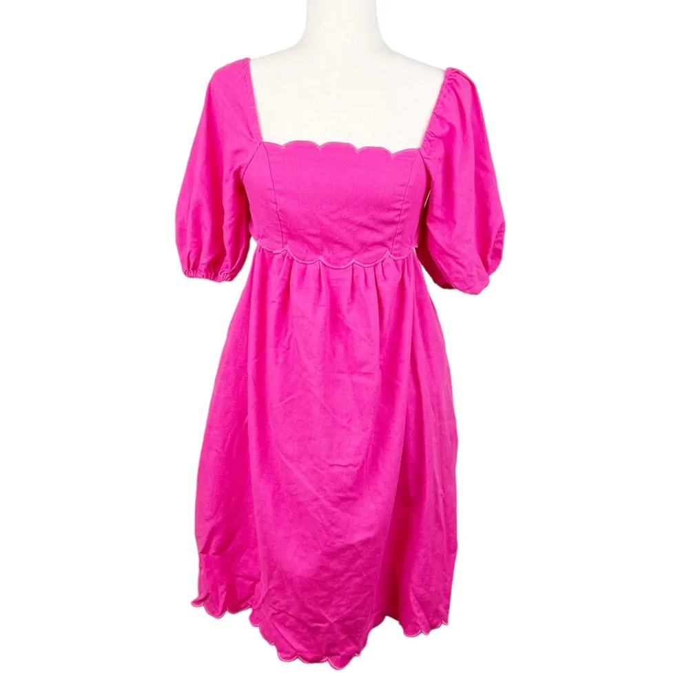 OPT April Scalloped Hem Cutout Tie Back Mini Dress Puff Sleeves Linen Size Small - Image 4