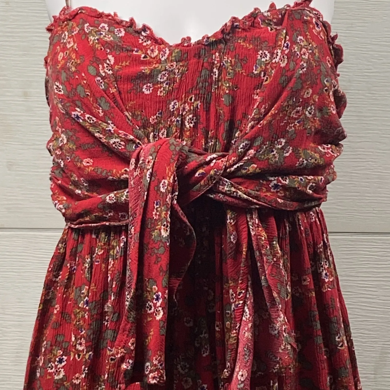 Boho Floral Mini Dress Womens Large Sleeveless Spaghetti Strap Bow Tie Summer Red - Image 2