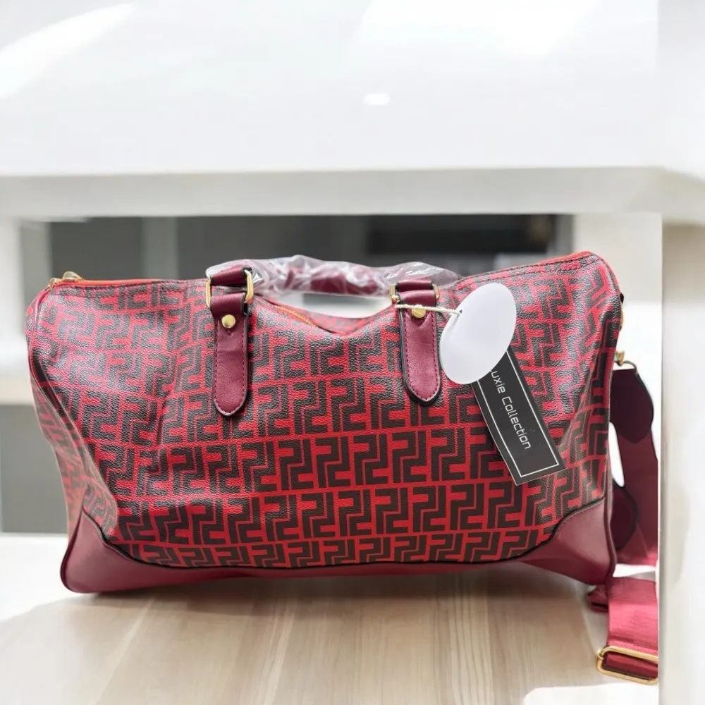 Luxie Red and Black Geometric Travel Bag with Leather Accents - Image 2